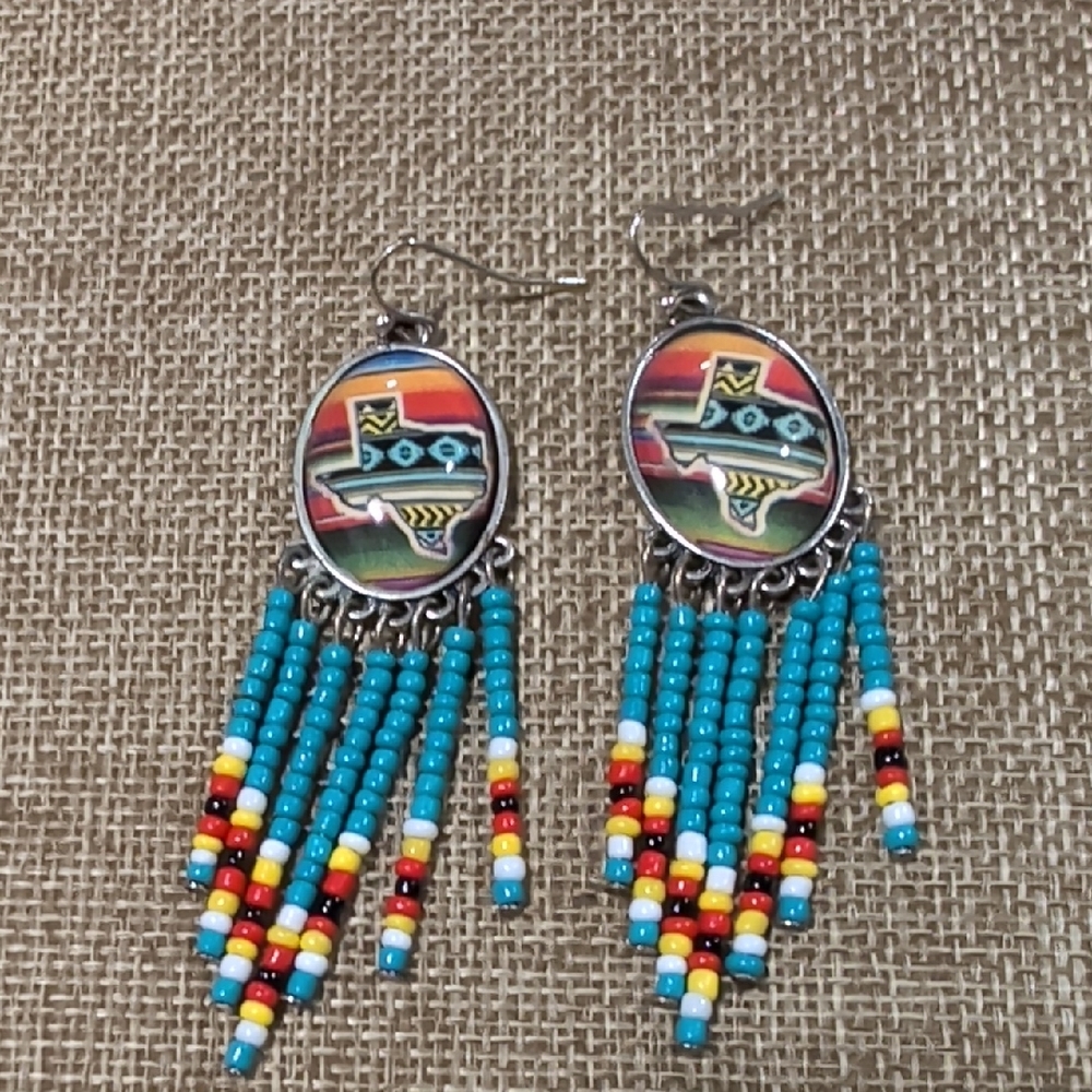 Texas map bubble with seed beads tassel dangle earrings